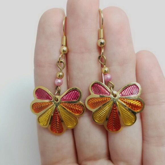 Vintage Berebi Bright Orange Yellow Pink Enamel Dangle Earrings, Colorful Retro - Picture 2 of 7